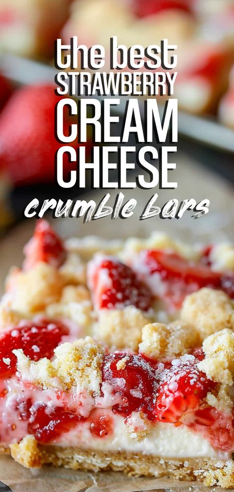 Strawberry Cream Cheese Crumble Bars [65 Minutes] – Chasety Strawberry Cream Cheese Crumble, What To Bake With Strawberries, Strawberry Rhubarb Cream Cheese Recipes, Strawberry Desserts Frozen Strawberries, Recipes Using Strawberry Cream Cheese, Strawberries And Cream Cheese Recipes, Easy Dessert Recipes Strawberry, Strawberry Cheesecake Crumble Bars, Strawberry Rhubarb Cream Cheese Bars