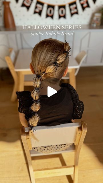 Camilla Thurman on Instagram: "Halloween hair series have begun!!! And it really is such a fun way to have fun with your daughter’s hair. They will LOVE the spooky hair 👻🎃✨💀   This spider bubble braid hairstyle was so much fun and surprisingly stayed in ALL day!! Bonus! 🕷️🕸️  Comment SPIDER HAIR and I will send you a DM to shop all the products and spiders we used.   #halloween #halloweenhair #halloweenhairstyles #halloweenhairbows #spider #spiderhair #spiderbubblebraids #bubblebraid #bubblebraids #colorfulelastics #funhair #festivehair #girlshair #girlshairstyles #girlshairstyle #spookyhair #toddlerhair #funhairstyles #momanddaughter #kidhalloween #halloweenkids #halloweenkidscostumes #trendinghair #🕷️ #🕷️🕸️ #sidepony #sideponytail" Spider Ring Hairstyle, Halloween Bubble Braids, Spider Bubble Braids, Halloween Hair Spider, Halloween Spider Hair, Spooky Hair Day, Spooky Hairstyles For Kids, Halloween Hair For Kids, Spider Hairstyle