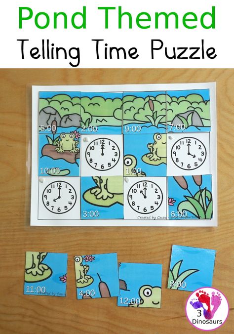 Free Pond Telling Time Puzzle - work on telling time hourly with this fun puzzle - 3Dinosaurs.com #tellingtime #mathforkids #freeprintable #3dinosaurs Animal Science Experiments, Pond Activities, Telling Time Games, Telling Time Activities, Free Math Printables, 3 Dinosaurs, Math Activities For Kids, Numbers Counting, Free Puzzles