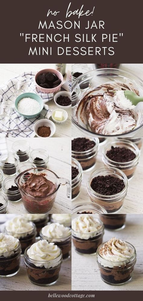 Mini Desserts In A Jar, Mini Chocolate Silk Pie, Auction Dessert Ideas, Dessert Jars Ideas Easy, Dessert In A Jar Recipes, Single Serve Desserts For Party, Mini French Silk Pie, Dessert In A Cup For Party, Dessert In Mason Jars