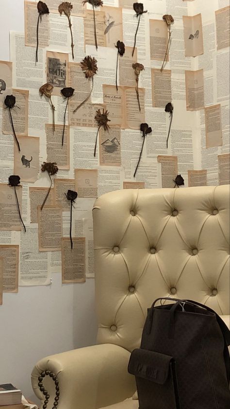 Book Page Bedroom Wall Decor, Pages From Books On Wall, Wall Art Book Pages, Wall Decor With Book Pages, Bookish Room Decor Wall Art, Book Pages Aesthetic Wall, Newspaper Wall Decor Aesthetic, Book Pages Hanging From Ceiling, Newspaper Wall Decor Ideas