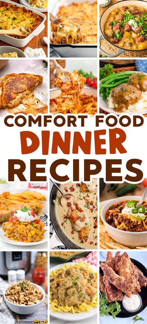 Whether you want a comforting meal, cheesy, easy casserole or just want something hearty or healthy for dinner, these comfort foods will come in handy! Comforting meals, fall dinner recipes, comfort food ideas, quick dinner recipes for a family, picky eater dinner ideas, cheap meals, fall dinner party, comfort food recipes easy, cheap comforting meals, fall food recipes dinner families, quick comfort food dinners weeknight meals, weekend dinner recipes for a family. Cozy Day Dinner Recipes, Dinner Recipes Flavorful, Dinner Ideas For Healthy Eating, Down Home Cooking Comfort Foods, Easy Entrees For Two, Family Style Recipes, Best Dinner Ideas Families, Easy Hot Dinner Recipes, Delicious Comfort Food Recipes