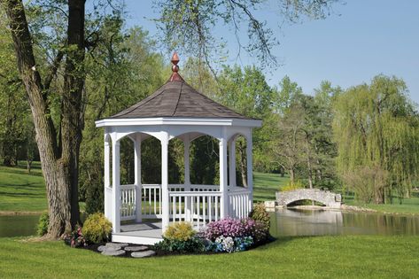 White Vinyl gazebo with electrical package and fossil wood shingles Gazebo Privacy, White Gazebo, Gazebo Plans, Museum Design, Backyard Gazebo, Deck With Pergola, Garden Makeover, Gazebo Pergola, Garden Gazebo