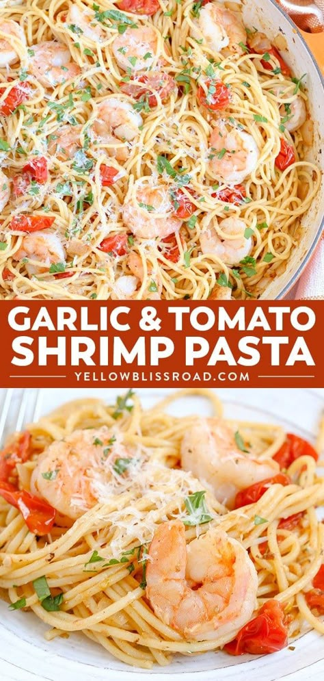 Garlic Shrimp & Tomato Spaghetti is an easy to whip up shrimp pasta dinner and a delicious weeknight meal that takes just minutes to prepare. It's sure to be a new favorite! Tomato Shrimp Pasta, Shrimp Linguini, Shrimp Tomato, Tomato Spaghetti, Dinner Shrimp, Seafood Linguine, Pasta Food Recipes, Pasta Food, Shrimp Dishes