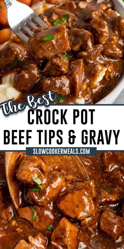 Tender chunks of stew meat are seasoned before being slow-cooked to perfection in this easy recipe for Crock Pot Beef Tips and Gravy! Made with just ten ingredients, the result is a mouthwatering beef dish with a savory gravy that is perfect for an easy family meal. Crockpot Beef Tips And Gravy, Crock Pot Stew Meat Recipes, Crockpot Beef Tips, Crock Pot Beef Tips, Crockpot Recipes Ground Beef, Beef Tip Recipes, Crockpot Recipes Chicken, Beef Tips And Gravy, Crockpot Stew