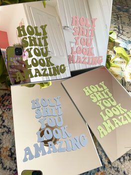 You Look Good Mirror By Printed Weird | notonthehighstreet.com Mirror With Saying, You Look Good Mirror, Mirror Stickers Aesthetic, Acrylic Designs Interior, Mirror Branding, Mirror With Stickers, Mirror Customization, Aesthetic Mirror Design, Cute Mirror Painting Ideas