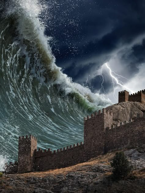 Giant tsunami waves crashing old fortress. Apocalyptic dramatic background - gia , #AD, #crashing, #fortress, #Apocalyptic, #Giant, #tsunami #ad Disaster Management Project, Tsunami Image, Dramatic Background, Tsunami Waves, Disaster Management, Giant Waves, Weather Storm, Wild Weather, Waves Crashing