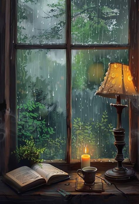 Relaxing Photos Aesthetic, Through The Window Photography, Autumn Harvest Aesthetic, Rain Window Painting, Painting Of Books Acrylic, Rain On Window Painting, By The Window Aesthetic, Rainy Window Drawing, Cozy Rain Aesthetic