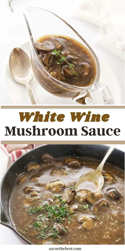 An easy all-purpose white wine mushroom sauce with tender sautéed  mushrooms in a savory white wine and homemade beef broth. This is the ultimate sauce to cover a steak, mashed potatoes or your favorite meatloaf. Sauce Recipes For Chicken, Steak Mashed Potatoes, Homemade Beef Broth, Tomato Pizza Sauce, Mashed Red Potatoes, Tomato Pizza, Pork Steaks, Mushroom Sauce Recipe, Pasta Vegetables