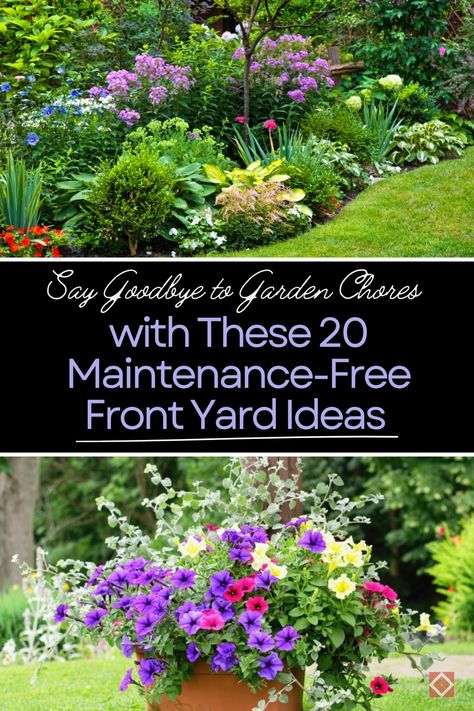 Tired of garden chores? Discover 20 maintenance-free front yard ideas that will save you time and money! From low-maintenance plants to innovative landscaping techniques, learn how to create a beautiful garden without the hassle of constant upkeep. Imagine enjoying your weekends without battling weeds or mowing lawns. Reclaim your outdoor space and enjoy a stunning, easy-care garden. Wild Front Yard Landscaping, No Maintenance Garden, No Lawn Front Yard Landscaping, Zero Maintenance Landscaping, Simple Landscaping Front Yard Low Maintenance, Maintenance Free Landscaping, Farm Yard Landscaping, No Maintenance Landscaping, Low Maintenance Garden Ideas