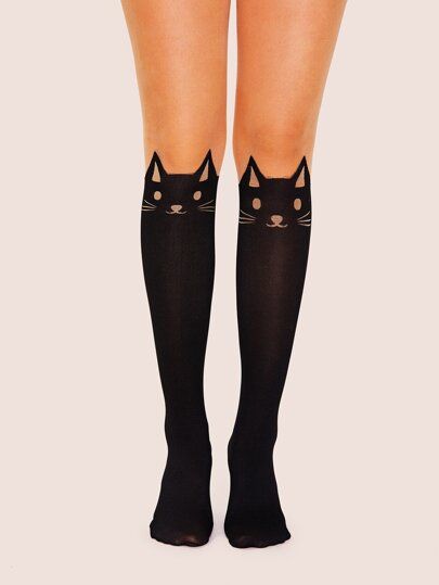 Free Returns ✓ Free Shipping On Orders $49+ ✓. Cat Pattern Knee Length Sock 1pair- Socks & Tights at SHEIN. Cat Tights, Fishnet Ankle Socks, Teenage Clothes, Fishnet Leggings, Cat With Blue Eyes, Mesh Socks, Clothing Tips, Pretty Kitty, Cat Socks