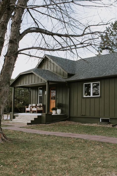 Nadine Stay, Green Exterior Paints, Green Exterior House Colors, Cedar Shingle Siding, Green House Exterior, Board And Batten Exterior, Flagstone Path, Mulch Landscaping, Shingle Siding