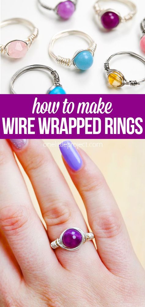 Wire wrapped rings are SO PRETTY and easy to make! It's such a great DIY jewelry craft for wire wrapping beginners. It's so fun to make your own beautiful wire wrapped ring and you only need a few simple tools, wire, and a bead! Diy Gem Jewelry, Easy Wire Wrapping Stones Rings, Wire Wrap Bead Ring, Handmade Rings Wire Simple, Wire Wrapping Tutorial Beginner, Wire Crafts For Beginners Diy, Wire Rings Ideas Tutorial, Trending Diy Jewelry, How To Make Wire Jewelry For Beginners