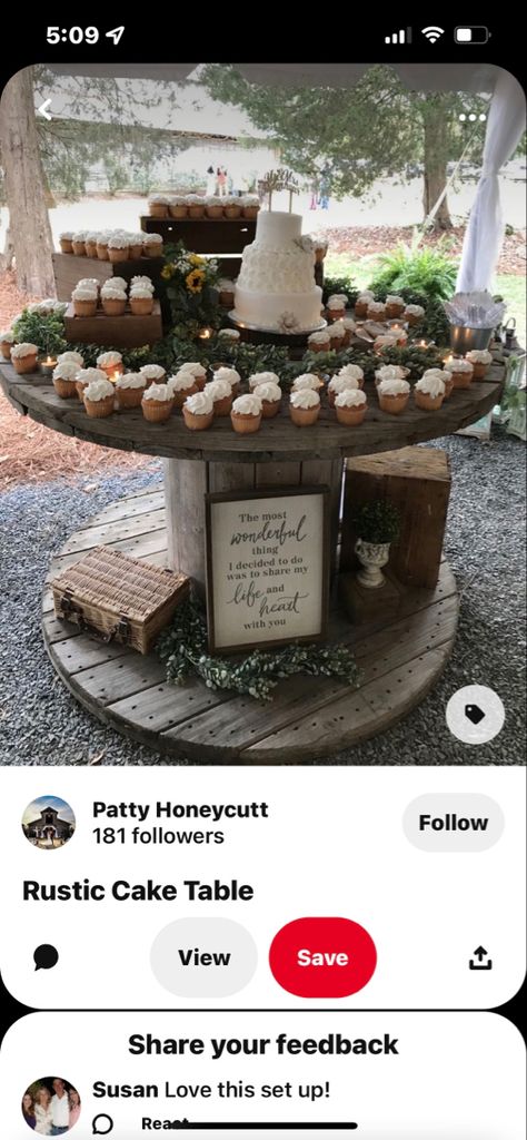 Rustic Cake Tables, Outdoor Wedding Cake, Cable Spool Tables, Wooden Spool Tables, Wood Wedding Decorations, Wedding Decorations Diy Centerpiece, Wedding Cake Table Decorations, Wedding Tent Decorations, Spool Ideas