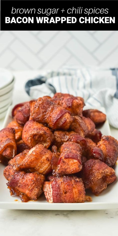 Bacon Wrapped Chicken Nuggets, Bacon Wrapped Chicken Medallions, Bacon Wrapped Breadsticks Brown Sugar, Bacon Bites Recipes, Bacon Wrapped Chicken With Brown Sugar, Cheddar Bacon Chicken Bites, Bacon Wrapped Duck Bites, Easy Bacon Wrapped Chicken, Chicken Bacon Appetizers Brown Sugar