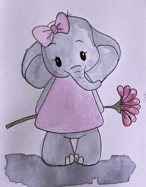 How To Draw A Cartoon Elephant, Cute Drawings Elephant, Elephant Painting Simple, Elephant Art For Kids, Elephant Drawing Cute, Baby Drawing Ideas, Cute Elephant Drawings, Drawing For Cards, Elephant Doodle