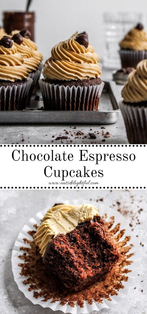 2 stacked images of frosted chocolate espresso cupcakes decorated with coffee beans: top image shows cupcakes on serving platter and bottom image shows cupcake with bite missing on table top Chocolate Coffee Cupcakes, Coffee Buttercream Frosting, Espresso Frosting, Cappuccino Cupcakes, Flavored Cupcakes, Espresso Cupcakes, Coffee Icing, Coffee Muffins, Chocolate Cake With Coffee