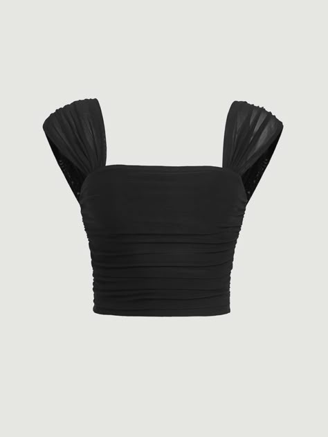 Black Casual Collar Knitted Fabric Plain Wide Strap Embellished Slight Stretch Women Clothing Wide Straps Top, قلادات متدلية, Hanky Hem, Looks Party, Plain Dress, Top Shein, Dr Closet, Neck Crop Top, Shein Tops