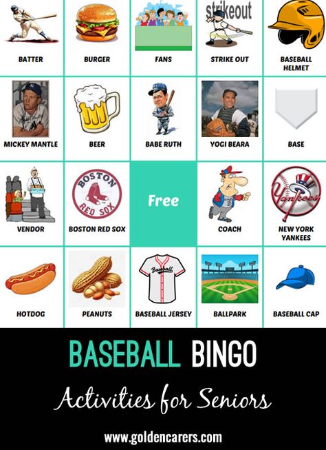 Baseball Bingo #2: Another baseball-themed bingo game to enjoy! Baseball Bingo, Baseball Activities, Nursing Home Activities, Activities For Seniors, Baseball Helmet, Elderly Activities, Activity Director, Christmas Bingo, Mickey Mantle