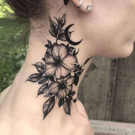 Partial Neck Tattoo Women, Neck Flower Tattoos Women, Female Side Neck Tattoo Ideas, Side Neck Tattoos Women Ideas Flower, Womans Neck Tattoos, Women’s Neck Tattoo Ideas, Goth Flowers Tattoo, Black Flower Tattoo Design, Women Neck Tattoo Ideas Side