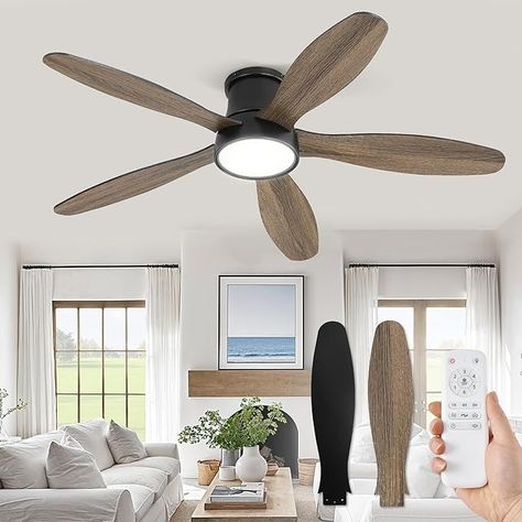 Amazon.com: ZMISHIBO 52 Inch Ceiling Fans with Lights, Flush Mount Low Profile Ceiling Fan with Remote, Reversible, 3CCT, Noiseless, LED Ceiling Fan Lighting Fixture for Bedroom, Kitchen, Indoor-Black : Tools & Home Improvement Rooms With Ceiling Fans, Bedroom Fan Ceiling, Bedroom Ceiling Fans With Light, Mid Century Modern Ceiling Fan, Walnut Ceiling, Bedroom Ceiling Fan, Ceiling Fans With Light, Fan Lighting, Low Profile Ceiling Fan