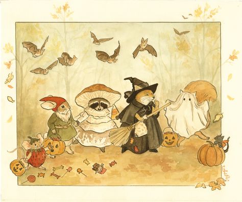 Woodland Halloween, Woodland Autumn, Cottage Core Art, Cottagecore Art, 동화 삽화, Autumn Illustration, Cute Animal Illustration, Fairytale Art, Autumn Art