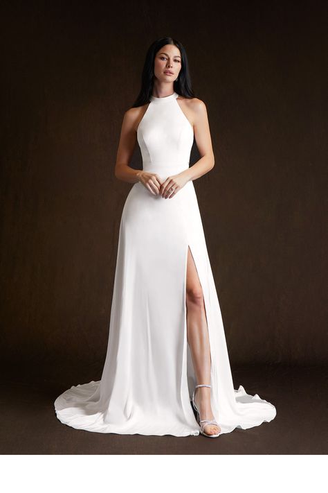 Wedding Dresses For Masculine Women, Halter Neck A Line Wedding Dress, Athletic Wedding Dress, Halter Top Wedding Dresses, Simple High Neck Wedding Dress, Clean And Simple Wedding Dress, Sporty Wedding Dress, Wedding Dress Tank Top, Inverted Triangle Wedding Dress