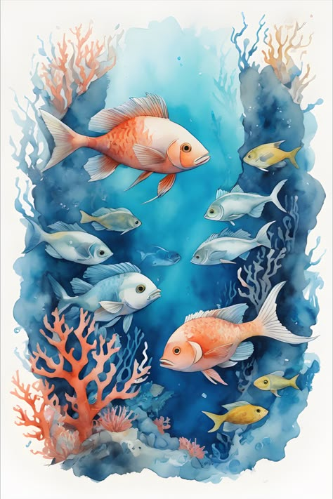 Watercolor Underwater Scene, Underwater Fish Painting, Deep Sea Fish Drawing, Underwater Life Drawing, Aquatic Life Drawing, Underwater Scene Drawing, Underwater Art Illustration, Underwater World Drawing, Ocean Life Drawings