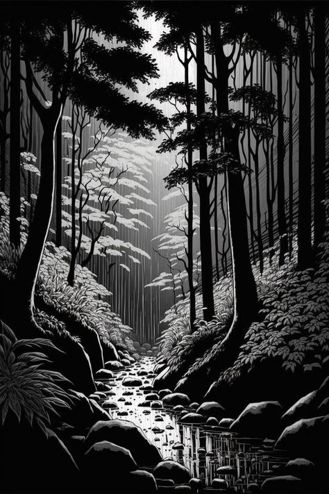 The Art Gallery on Tumblr Landscape Woodcut, Woodcut Art, Scratchboard Art, Tree Drawings Pencil, Illustration Simple, Forest Illustration, Black And White Landscape, Background Drawing, Forest Painting