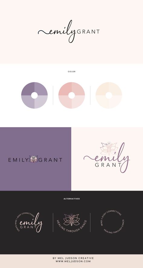 📌SAVE THIS PIN TO YOUR BRAND INSPIRATION BOARD FOR LATER Brand Board & Brand Identity Inspo Empowerment & Trauma Coach Healer | Mel Judson Creative Brand Board & minimalist brand identity design, logo, color palette, icon & logo mark Inspiration for coaches, healers, naturopathy, nutritionists, dietitians. Purple, pink, cream color palette with elegant script font typography for sophisticated and warm vibes. Butterfly logo icon. Custom Brand design for Emily Grant by Mel Judson Creative. Color Palette For Clothing Brand Logo, Purple Branding Identity, Confident Branding Color Palette, Color Palette Sophisticated, Business Color Palette Brand Design Purple, Pink And Purple Branding, Brand Color Palette Purple, Branding Board Inspiration, Feminine Brand Identity