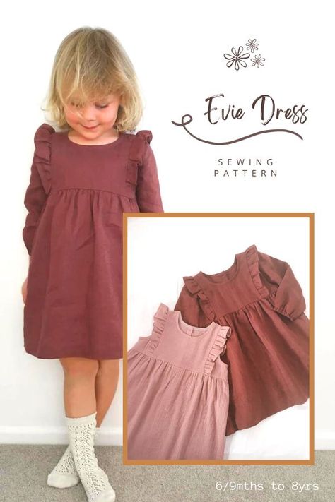 Evie Dress sewing pattern (6/9mths to 8yrs). This easy-fitting dress with a round neck has a lot of excellent features including a gathered skirt at the empire waist, ruffled bodice, and back button closure. You can make this dress with long sleeves with elasticated cuffs or sleeveless. Self-bias binding finishes the armholes and neckline. SewModernKids Toddler Girl Winter Dress, Baby Dress Sewing Patterns Free, Childrens Clothes Sewing Patterns Free, Free Children's Sewing Patterns, Easy Girls Dress Pattern Free, Diy Girls Clothes, Baby Girl Dress Sewing Pattern, Baby Girl Dress Patterns Free, Baby Dress Sewing Pattern Free