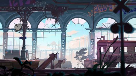 Amandine Aramini - Train Station Sci Fi Train Station, Train Station Illustration, Concept Train, Apartment Cute, Side Scroller, Personal Illustration, Mind Palace, Train Art, Game Style