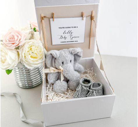 Tell Husband Pregnant, Husband Pregnancy Reveal, Pregnancy Husband, Surprise Your Husband, Hampers Box, Baby Announcement To Husband, Pregnancy Gift Box, Stuffed Elephant, Pregnancy Announcement Gifts