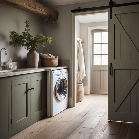 Utility Room Ideas Sliding Door, Country Boot Room Ideas, Sliding Utility Door, Hallway Utility Room, Utility And Boot Room Combined, Boot Room And Utility, Farmhouse Boot Room, Black Utility Room, Farmhouse Mudroom Laundry Room Ideas