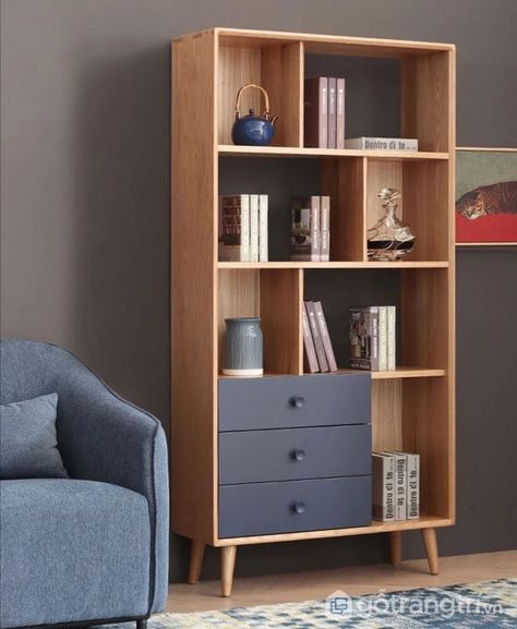 Diy Interior Furniture, Bookshelf With Drawers, Ottoman Coffee Tables, Bookshelves For Small Spaces, Wooden Bookshelf, Corner Furniture, Shoe Rack Living Room, Bedroom Door Design, Blue Armchair