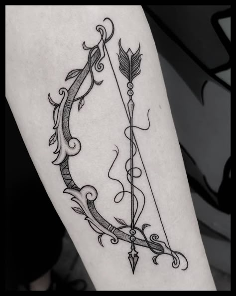 Couple Tattoos Bow And Arrow, Fiona Tattoo, Bow And Arrow Tattoos, Acotar Nails, Bow Arrow Tattoos, Archery Tattoo, Bow And Arrow Tattoo, Sagittarius Tattoos, Married Couple Tattoos