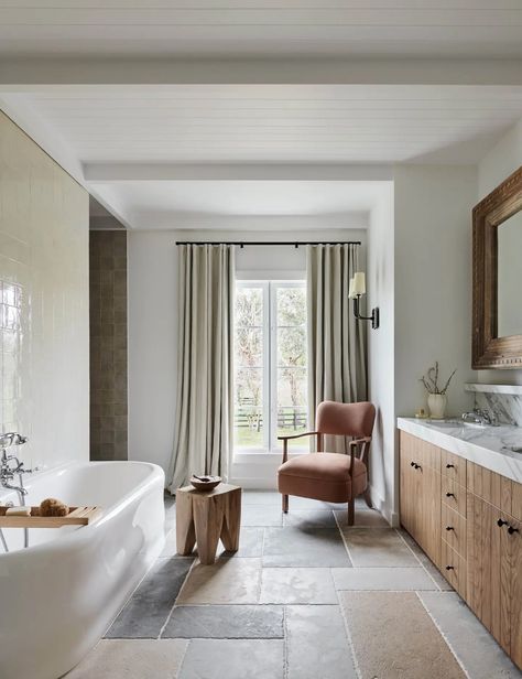 A Whimsical Farmhouse Retreat On The Mornington Peninsula European Farmhouse Bathroom, Timber Desk, Olive Green Wallpaper, Eco Outdoor, Sandstone Pavers, Turkish Marble, Pool Pavilion, Australian Interior, Cosy Interior