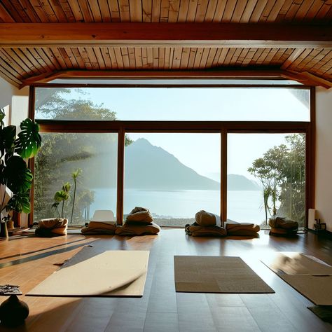 Meditation Retreat Architecture, Yoga Room Ideas Zen Space, Black Japandi, Home Pilates Studio, Zen Retreat, Island Mountain, Home Yoga Studio, Yoga Retreat Center, Yoga Sanctuary