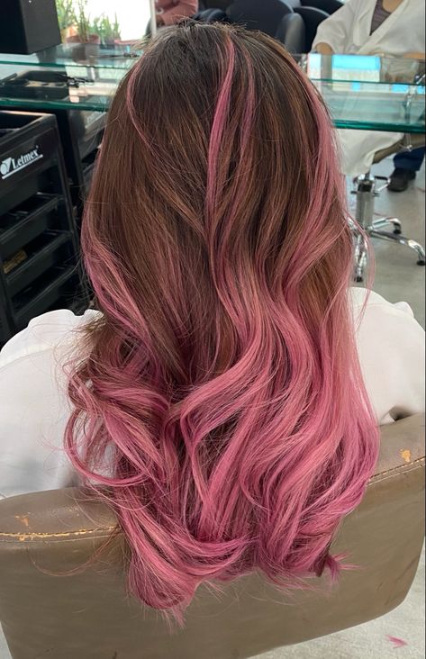 Light Pink Hair Balayage, Light Brown Hair With Blonde And Pink Highlights, Pink And Brown Balayage, Pink Hair Dye Ideas Brunettes, Pink Baylage Hair Light Brown, Pink Balyage Long Hair Brunettes, Pink And Light Brown Hair, Hair Pink Underneath, Pink Hair On Brown Hair