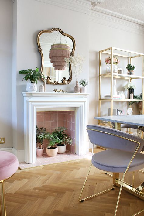 Transforming Our Non-Working Dining Room Fireplace - Swoon Worthy Taupe Dining Room, Empty Fireplace Ideas, Pink Dining Rooms, Pastel Home Decor, Dining Room Fireplace, Dining Room Remodel, Pastel House, Bedroom Fireplace, Pink Tiles