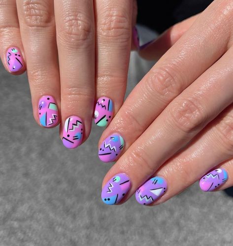 peachi nails on Instagram: “is this an 80s or 90s pattern?! 〰️🛼💜 inspo: @freetobeme_beautybristol 💅🏼 - - - - - #peachinails #nails #nailart #naildesign #nailinspo…” Nail Art 90s Inspired, 1980s Nail Art, Nail Art 90s, 90s Nail Ideas, 90s Nail Designs Art Ideas, 80s Nails Acrylic, 80s Style Nails, 90s Nails Designs, 90s Style Nails