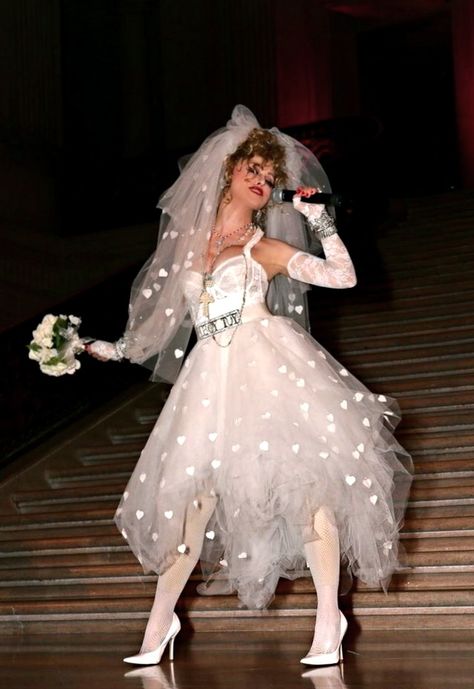 Madonna Costume Like A Virgin, Madonna Like A Virgin Outfit, Madonna Stage Outfits, Maddona 80s Aesthetic, Camp Fashion Wedding, Madonna Wedding Dress, Like A Virgin Madonna Costume, The Wedding Singer Costume, Madonna Like A Virgin Costume