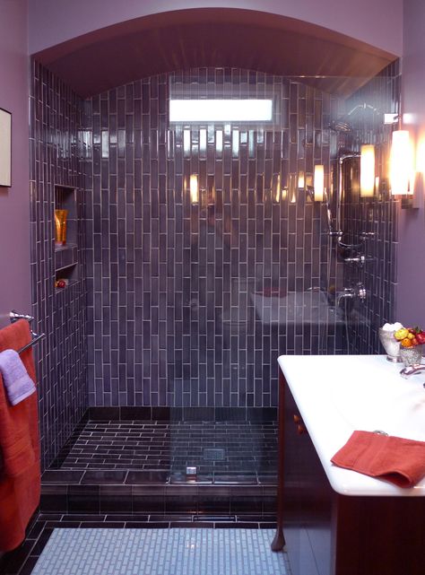 Bathroom Glamour - Transitional - Bathroom - San Francisco - by Kathleen Monroe Design | Houzz Purple Tiled Bathrooms, Dark Purple Tile, Purple Tiles Bathroom, Purple Tile Shower, Purple Shower Tile, Deep Purple Bathroom, Purple Tile Bathroom, Purple Bathroom Tile, Second Bathroom Ideas