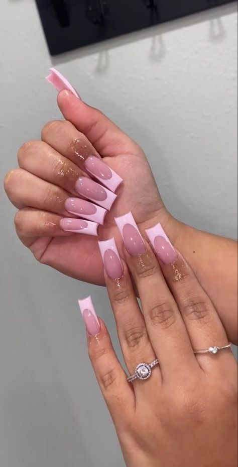 Medium French Tip Acrylic Nails Pink, Pink Acyrilics Nails, Medium Long Nails Ideas, Pink On Pink French Tip, Cute Medium Length Nails, Nail Inspo Medium Length, Simple Long Nails, Medium Length Acrylic Nails, Medium Long Nails