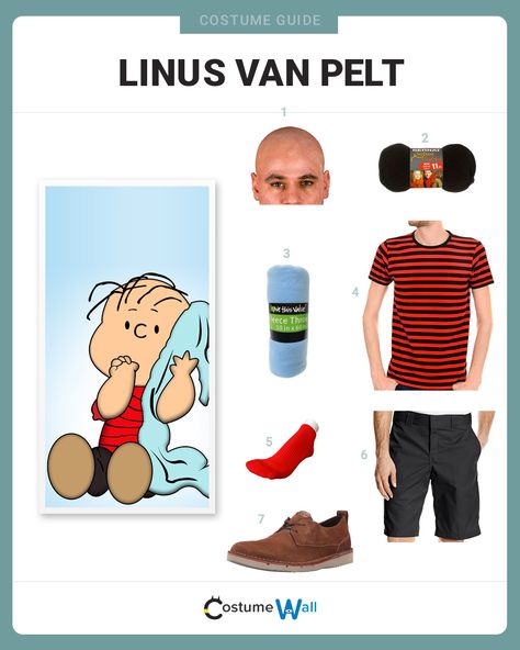 The best costume guide for dressing up like Linus Van Pelt, the insecure intellectual who is best friends with Charlie Brown in the Peanuts. Lucy From Charlie Brown Costume, Linus Halloween Costume, Lucy Costume Charlie Brown, Peanuts Costumes Diy, Linus Costume, Peanuts Costumes, Peanuts Gang Costumes, Charlie Brown Halloween Costumes, Peanuts Halloween Costume