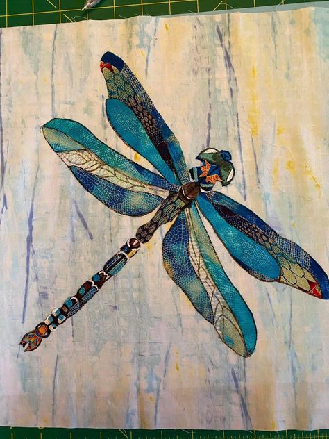 Fabric Collage Patterns. | An update on my dragonfly Dragonfly Quilts Ideas, Dragonfly Applique Pattern, Fabric Collage Patterns, Dragonfly Collage, Fabric Dragonfly, Appliqué Pillows, Dragonfly Applique, Dragonfly Quilt, Collage Quilting