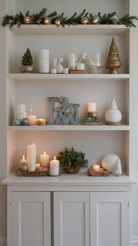 Transform your small apartment with these creative Christmas decor ideas for standing shelves Discover how to elevate your space with a tree stand cover fireplace TV stand village display cake stand and more Whether you're looking for a rustic farmhouse vibe or a modern touch these festive decorations will add charm to your holiday setup January House Decor, Christmas Shelves Decor, Small Apartment Christmas Tree, Christmas Shelf Decor Ideas, Tree Stand Cover, Cover Fireplace, After Christmas Winter Decor, Winter Floral Arrangements, Display Cake