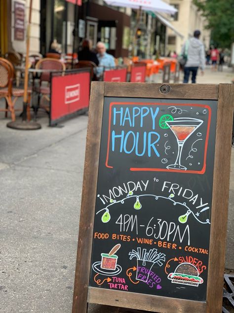 Chalkboard Happy Hour #chalk #board #restaurant Funny Restaurant Signs Chalkboards, Chalk Art Bar Ideas, Happy Hour Chalkboard Signs Bar, Funny Menu Boards, Restaurant Welcome Sign Chalk, Special Board Ideas Restaurant, Happy Hour Ideas Bar, Happy Hour Sign Ideas, Restaurant Welcome Sign