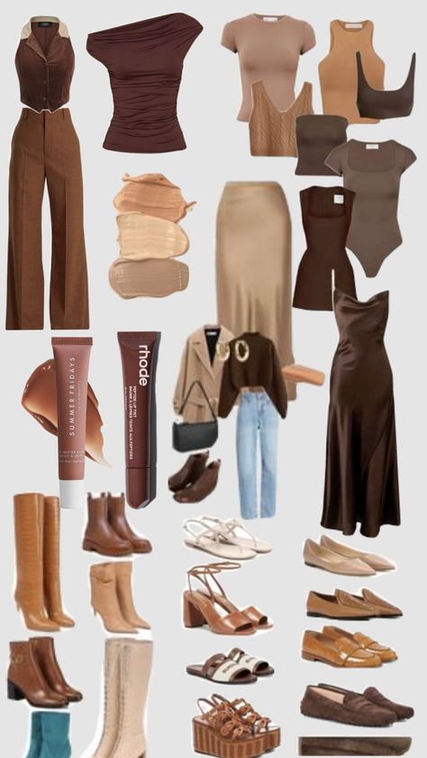 Brown Outfit Inspo 🍂🤎 Brown Color Outfits Style, Earthy Color Palette Outfit, Fall Outfits Earth Tones, Earth Tone Professional Outfits, Earthy Tones Outfit Color Combos, Warm Brown Outfit, Tan And Brown Outfit, Soft Autumn Palette Outfits, Warm Tone Outfits Style