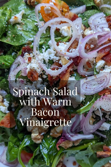 This spinach salad with warm bacon vinaigrette has it all. The warmed homemade sweet bacon vinaigrette coats every piece of fresh spinach. Then it is topped with more bacon, feta, walnuts, and shallots. It is the perfect balance of heathy and tasty. Warm Bacon Vinaigrette, Fresh Spinach Recipes, Wilted Spinach Salad, Spinach Salad Dressing, Sweet Bacon, Warm Bacon Dressing, Bacon Vinaigrette, Hot Bacon Dressing, Salad Spinach